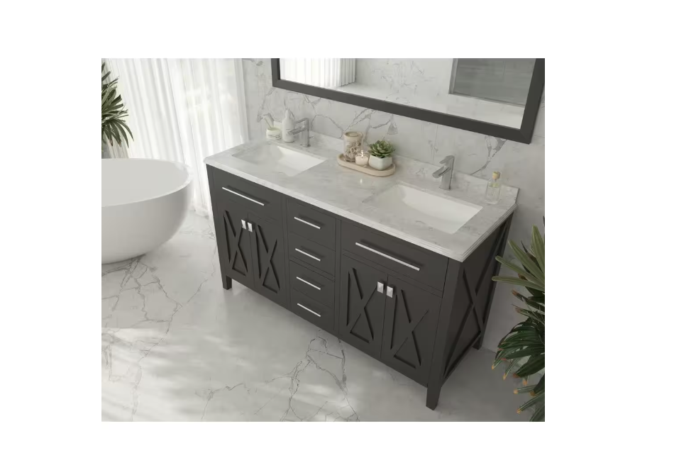 La Viva 60 in. W x 22 in. D Carrara Marble Vanity Top in White with White Rectangular Double Sink