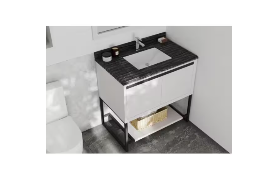 La Viva 36 in. W x 22 in. D Marble Vanity Top in Black Wood with White Rectangular Single Sink