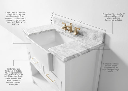 Ancerre Designs Hayley Bathroom Vanity With Sink And Carrara White Marble Top Cabinet Set