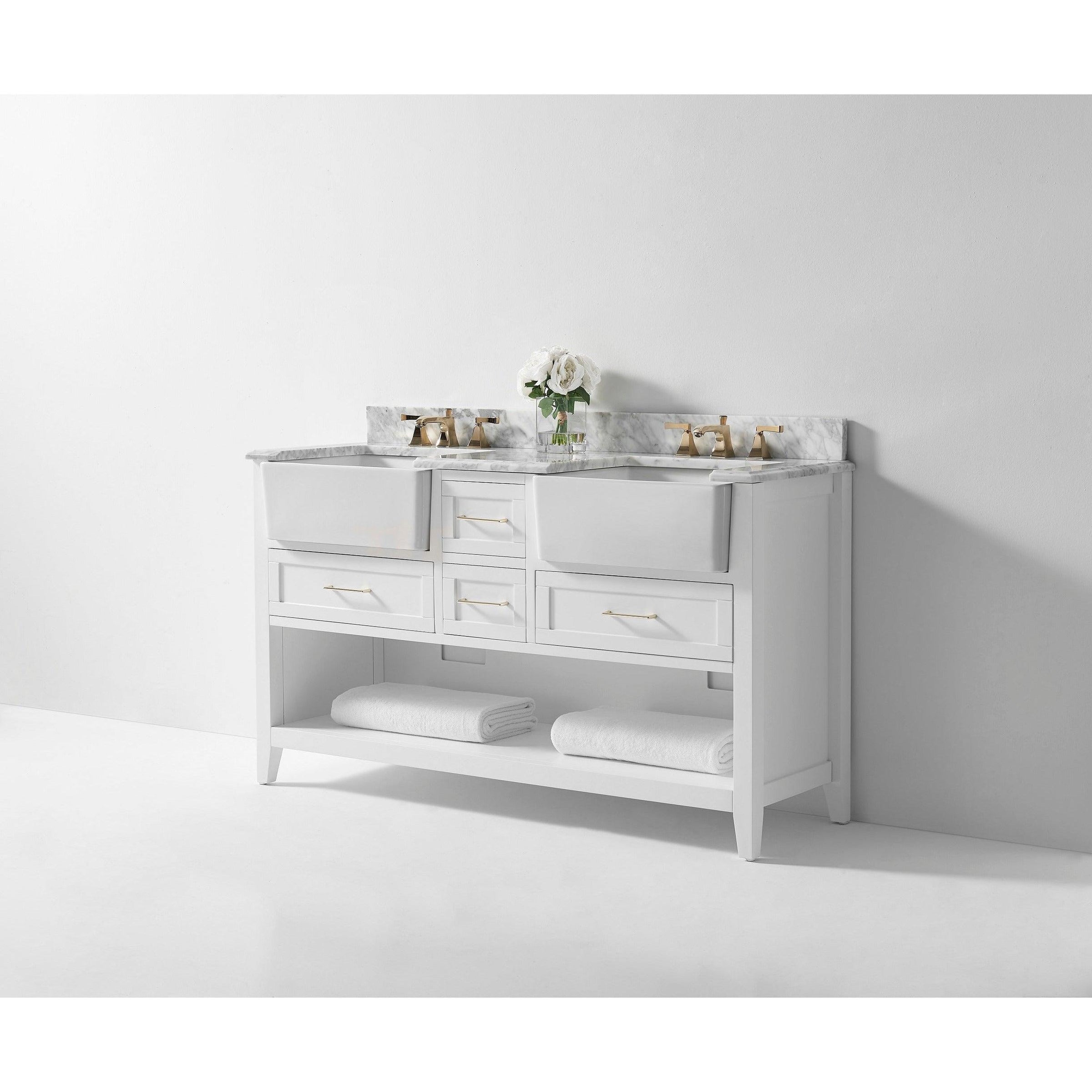 Ancerre Designs Hayley Double Bath Vanity Set Italian Carrara White Marble Vanity Top