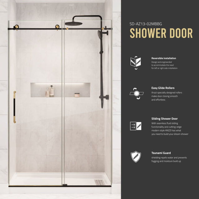 ANZZI Madam Series 60 in. by 76 in. Frameless Sliding Shower Door with Handle SD-AZ13-02MB