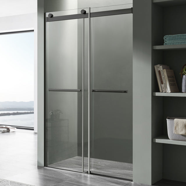 ANZZI Series 48 in. x 76 in. Frameless Sliding Shower Door with Horizontal Handle in Matte Black SD-FRLS05801MBR