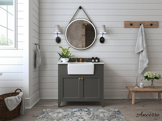 Ancerre Designs Adeline Bathroom Vanity With Farmhouse Sink And Carrara White Marble Top Cabinet Set