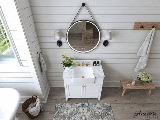 Ancerre Designs Adeline Bathroom Vanity With Farmhouse Sink And Carrara White Marble Top Cabinet Set