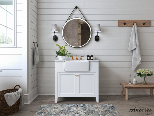 Ancerre Designs Adeline Bathroom Vanity With Farmhouse Sink And Carrara White Marble Top Cabinet Set