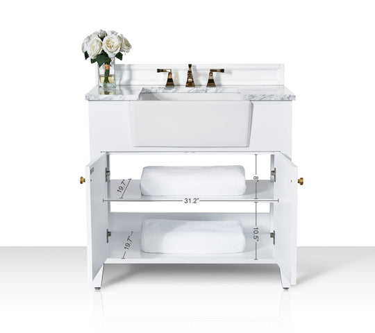 Ancerre Designs Adeline Bathroom Vanity With Farmhouse Sink And Carrara White Marble Top Cabinet Set