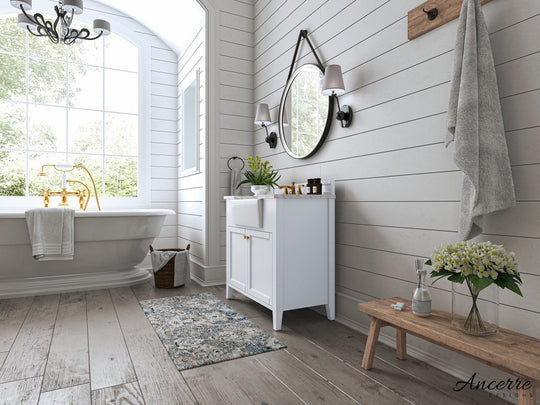 Ancerre Designs Adeline Bathroom Vanity With Farmhouse Sink And Carrara White Marble Top Cabinet Set