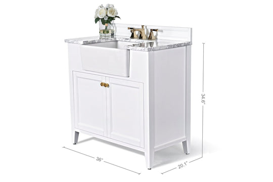 Ancerre Designs Adeline Bathroom Vanity With Farmhouse Sink And Carrara White Marble Top Cabinet Set