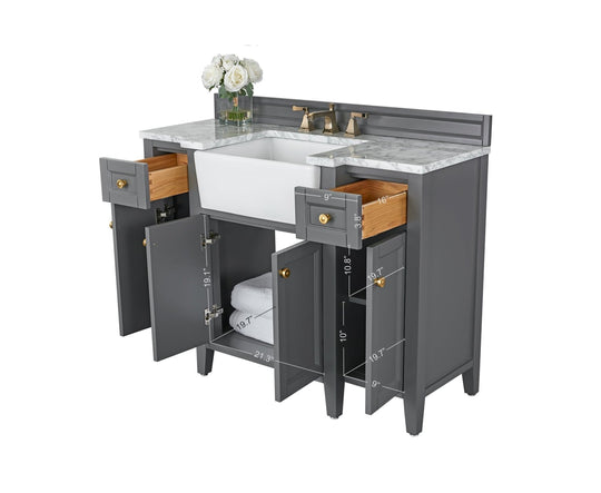 Ancerre Designs Adeline Bathroom Vanity With Farmhouse Sink And Carrara White Marble Top Cabinet Set