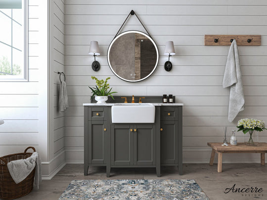 Ancerre Designs Adeline Bathroom Vanity With Farmhouse Sink And Carrara White Marble Top Cabinet Set