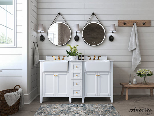 Ancerre Designs Adeline Bathroom Vanity With Farmhouse Sink And Carrara White Marble Top Cabinet Set