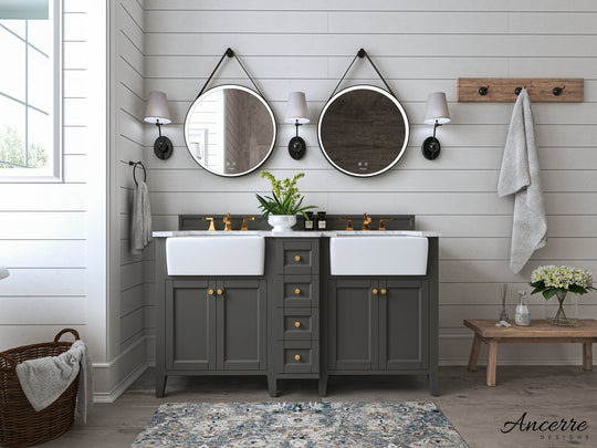 Ancerre Designs Adeline Bathroom Vanity With Farmhouse Sink And Carrara White Marble Top Cabinet Set