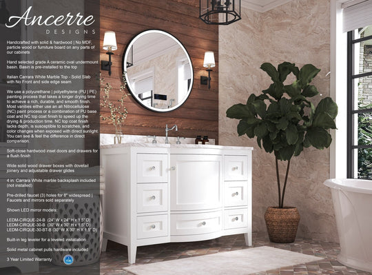 Ancerre Designs Lauren Bathroom Vanity With Sink And Carrara White  Marble Top Cabinet Set