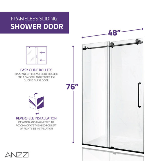 ANZZI Madam Series 48 in. by 76 in. Frameless Sliding Shower Door with Handle  SD-AZ13-01MB