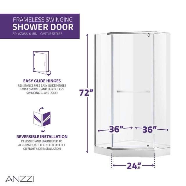 ANZZI Castle Series 49 in. x 72 in. Semi-Frameless Shower Door with TSUNAMI GUARD  SD-AZ056-01BN