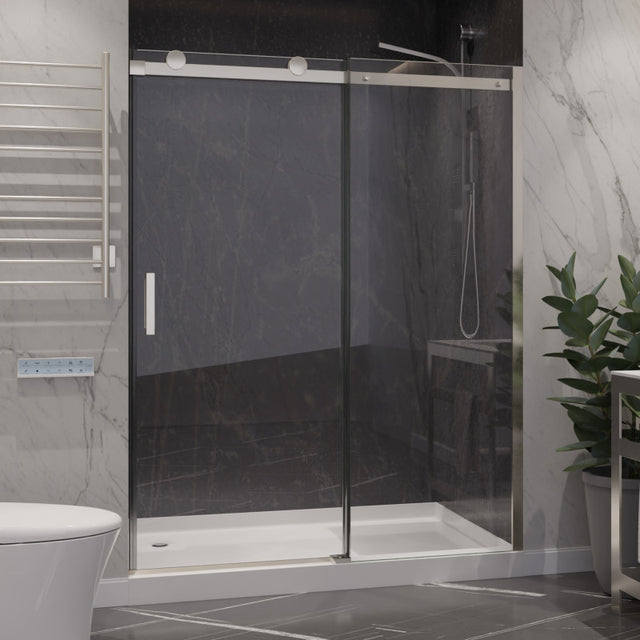 ANZZI Series 60 in. x 76 in. Frameless Sliding Shower Door with Handle in Brushed Nickel SD-FRLS05702BNR