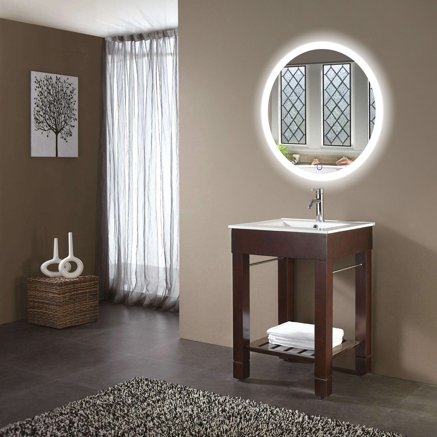 Krugg Sol Round 27″ x 27″ LED Bathroom Mirror w/ Dimmer & Defogger | Round Back-lit Vanity Mirror