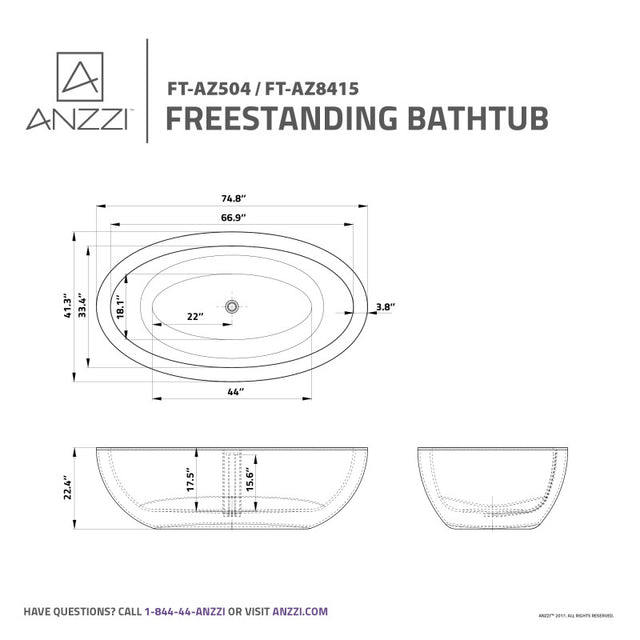 ANZZI Kekehun 6.3 ft. Solid Surface Center Drain Freestanding Bathtub FT-AZ8415