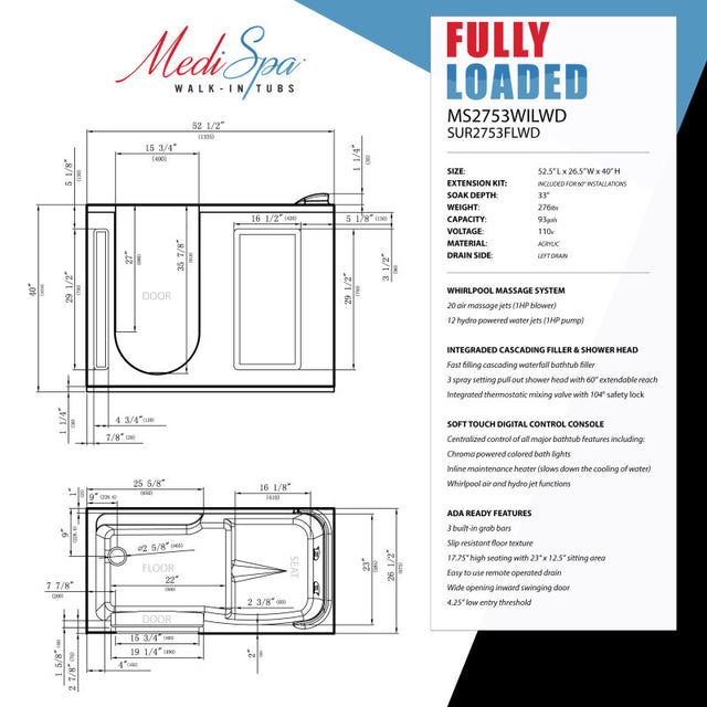 ANZZI 27 in. x 53 in. Right Drain Walk-In Whirlpool and Air Tub with Total Spa Suite in White 2753FLWR