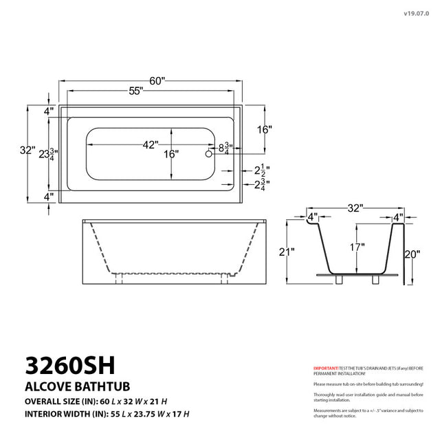 ANZZI 5 ft. Acrylic Rectangle Tub With 60 in. x 62 in. Frameless Sliding Tub Door SD1701MB-3260R