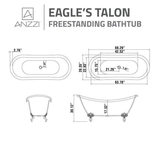 ANZZI 69.29” Belissima Double Slipper Acrylic Claw Foot Tub FT-CF130FAFT-CH