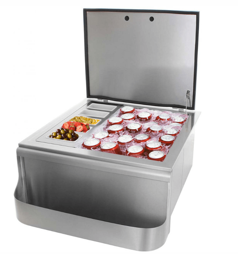 PCM 260 Series 18-Inch Slide-In Ice Bin Cooler With Speed Rail & Condiment Holder - RO BBQ | BBQ-260-18SI