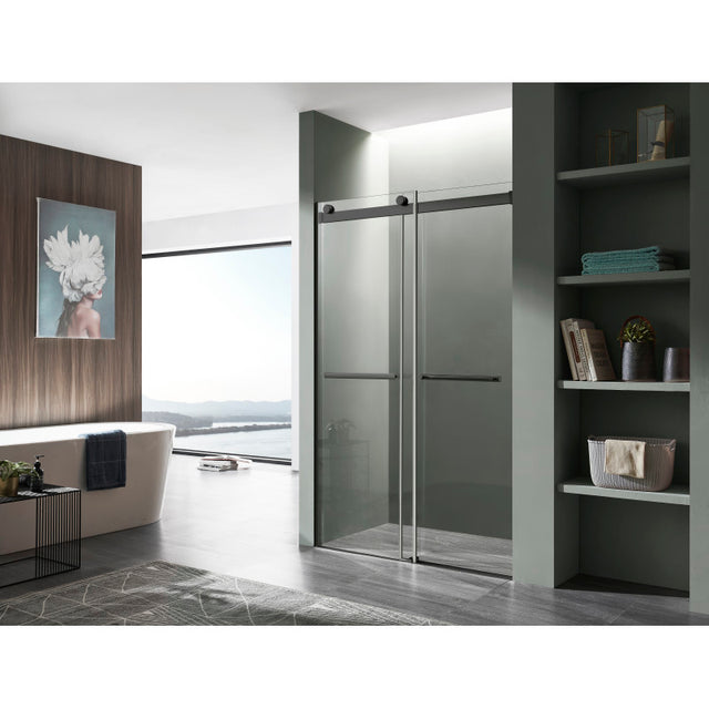 ANZZI Series 48 in. x 76 in. Frameless Sliding Shower Door with Horizontal Handle in Matte Black SD-FRLS05801MBR