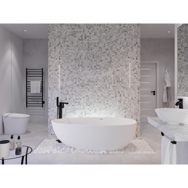 ANZZI Makot 5.6 ft. Man-Made Stone Center Drain Freestanding Bathtub in Matte White BS-S06