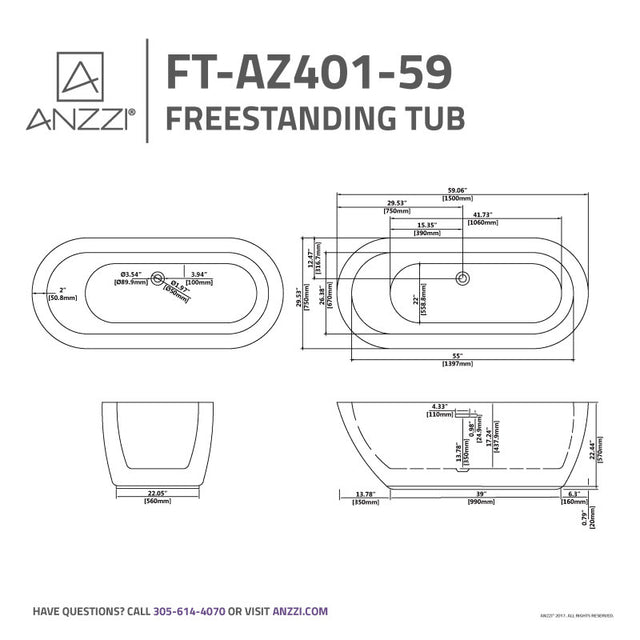 ANZZI Ami 59 in. Acrylic Flatbottom Freestanding Bathtub FT-AZ401-59