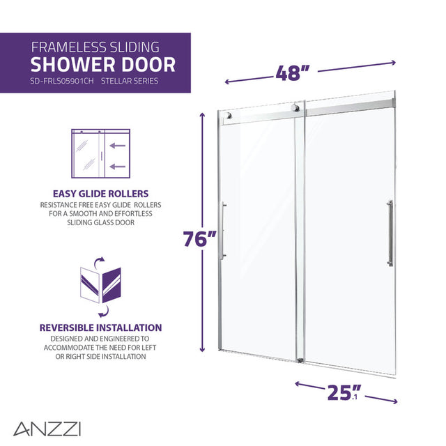 ANZZI Stellar Series 48 in. x 76 in. Frameless Sliding Shower Door with Handle  SD-FRLS05901MB