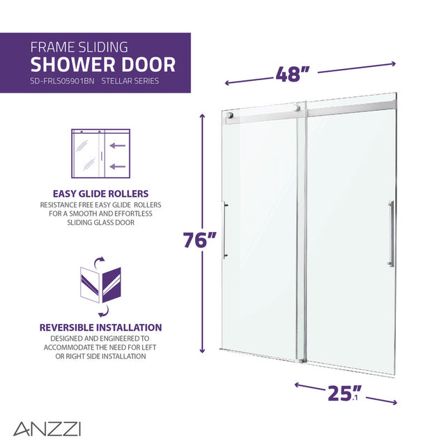 ANZZI Stellar Series 48 in. x 76 in. Frameless Sliding Shower Door with Handle  SD-FRLS05901MB