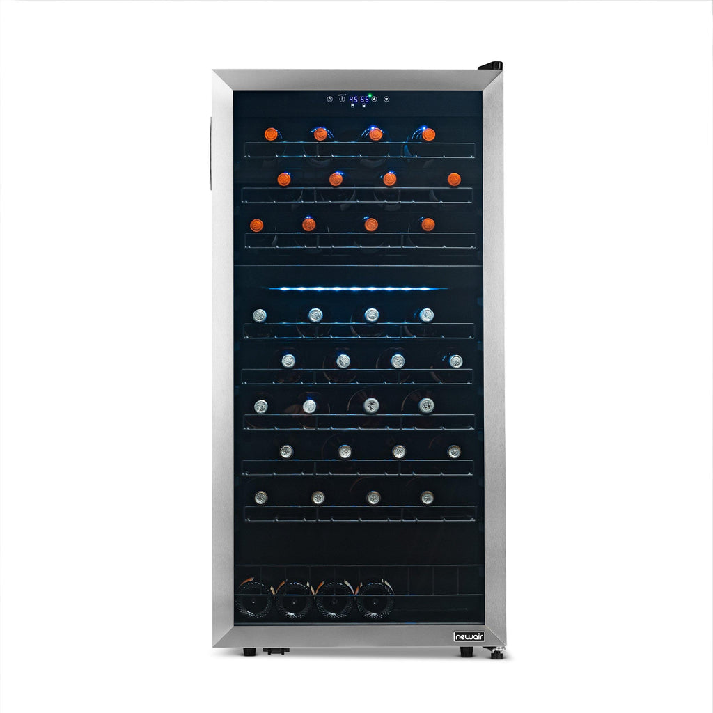 Newair Freestanding 76 Bottle Dual Zone Wine Fridge with Low-Vibration Ultra-Quiet Inverter Compressor and Adjustable Racks