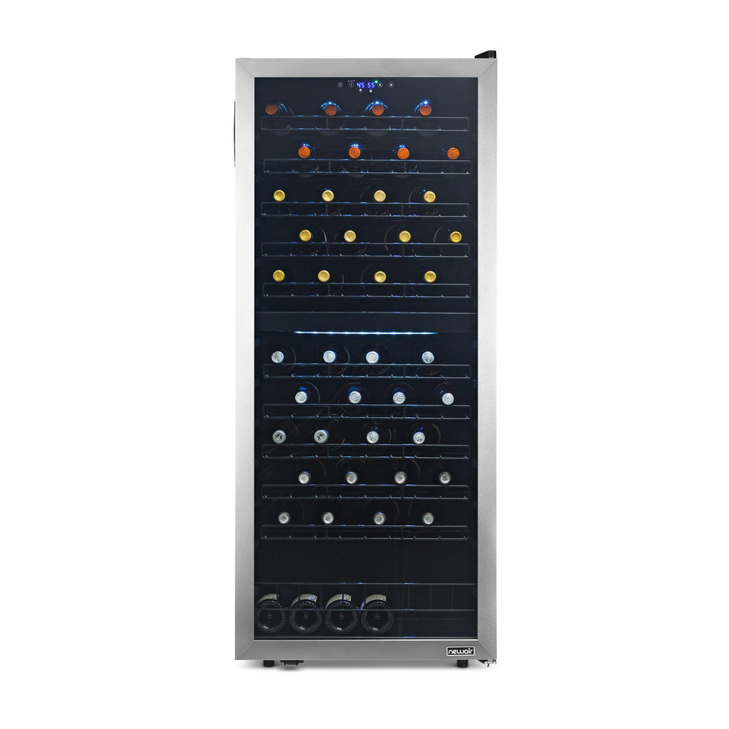 Newair Freestanding 98 Bottle Dual Zone Wine Fridge with Low-Vibration Ultra-Quiet Inverter Compressor and Adjustable Racks