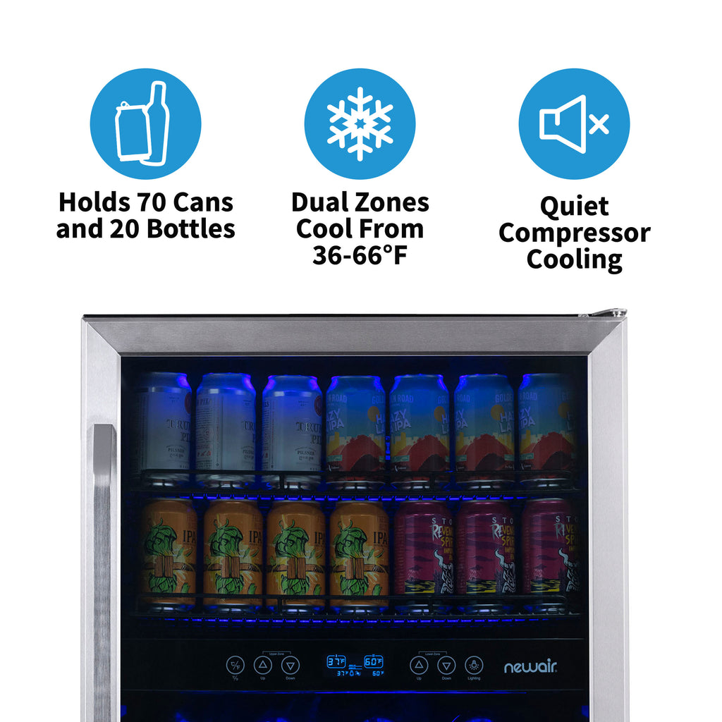 Newair 24” Built-in Dual Zone 20 Bottle and 70 Can Wine and Beverage Fridge in Stainless Steel with SplitShelf™ and Smooth Rolling Shelves