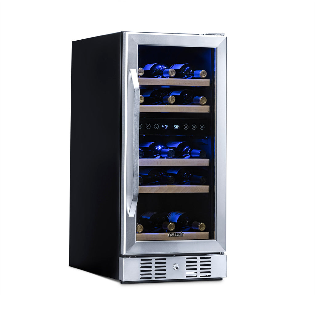 Newair 15” Built-in 29 Bottle Dual Zone Wine Fridge in Stainless Steel, Quiet Operation with Beech Wood Shelves