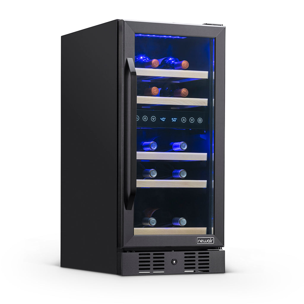 Newair 15” Built-in 29 Bottle Dual Zone Wine Fridge in Black Stainless Steel