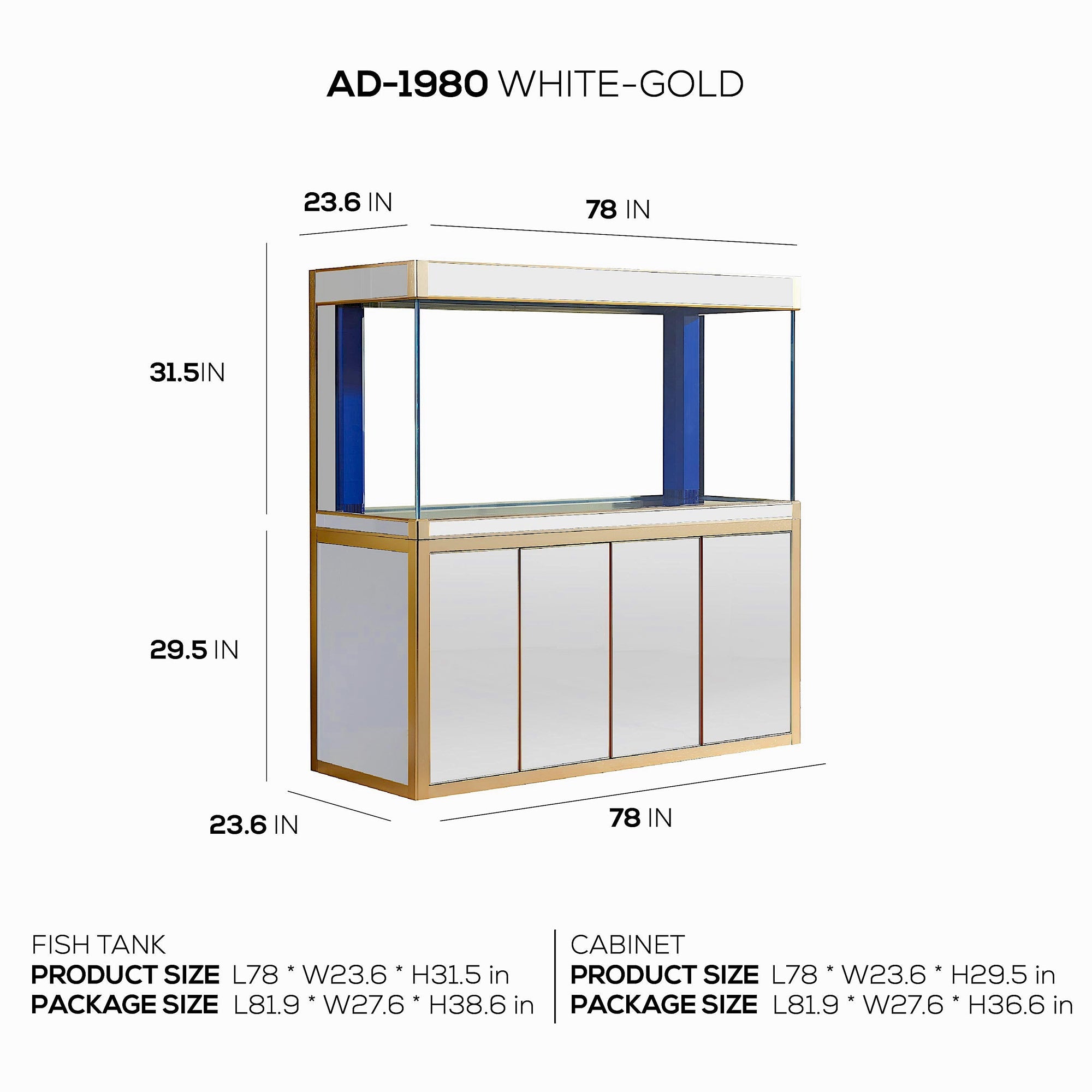 Aqua Dream 250 Gallon Tempered Glass Aquarium White and Gold AD-1980-WT