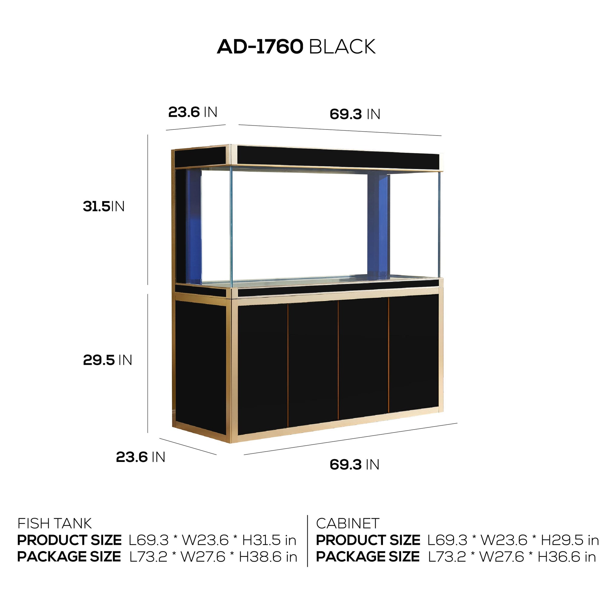 Aqua Dream 220 Gallon Tempered Glass Aquarium Black and Gold AD-1760-BK