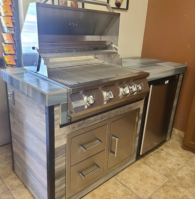 Kokomo Grills Elite 6' BBQ Island With Built In BBQ Grill Drift Wood Look Siding 30 Inch Doors   ELITE