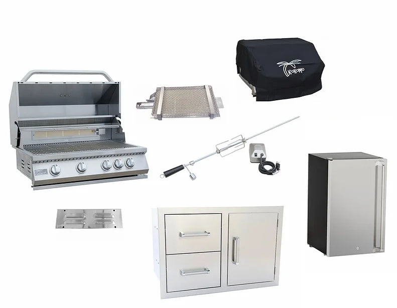 Kokomo Grills 7 Piece Outdoor Kitchen Package KO-3BG-GRDL-CMBO-FRG-VT-IRSB-CVR-LP