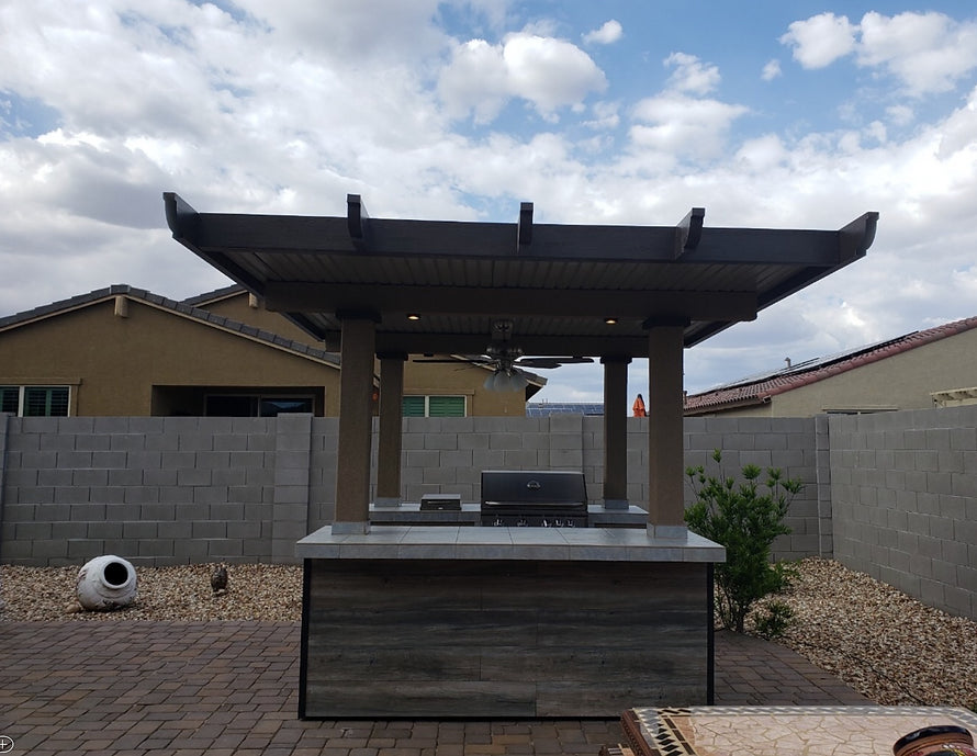 Kokomo Grills BBQ Island with Pergola 4 Burner BBQ Grill Wood Siding and Fan Baja-Wood-Siding-Top