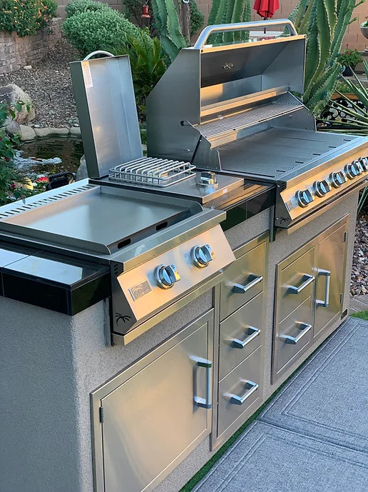 Kokomo Grills Teppanyaki, Griddle, Built-In BBQ Grill with Side Burner, Storage Drawers 7'6"  KO-7'6"-Tep-Side-5-Burn-LP