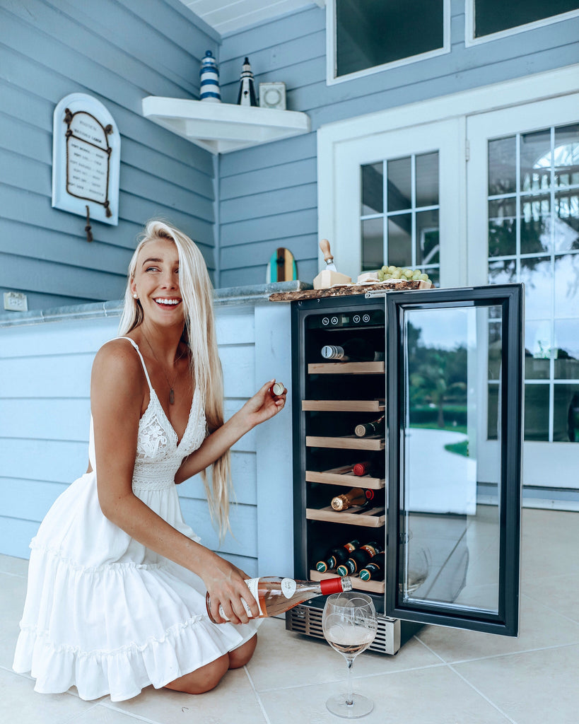 Newair 15” Built-in 29 Bottle Dual Zone Wine Fridge in Stainless Steel, Quiet Operation with Beech Wood Shelves