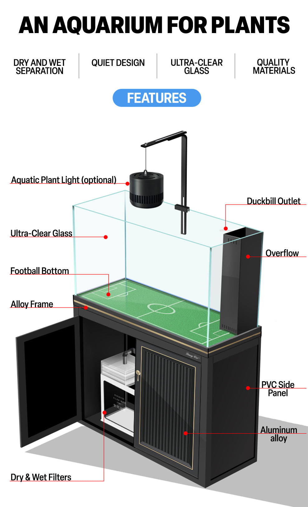 Aqua Dream 175 Gallon Plants Ranchu Aquarium with Ultra Clear Glass and Built in Sump All Black AD-1560-RANCHU