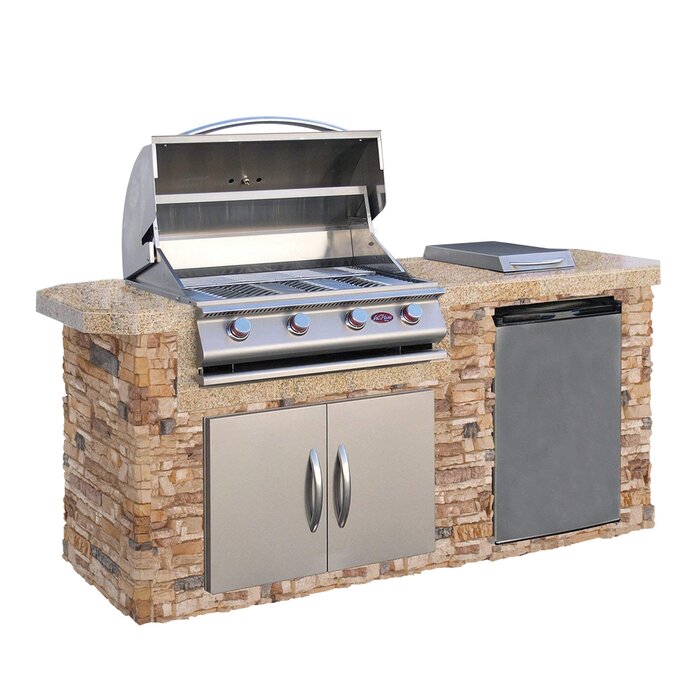 Cal Flame 7 ft. Stone Veneer with 4-Burner Propane GAS Grill Island in Stainless Steel