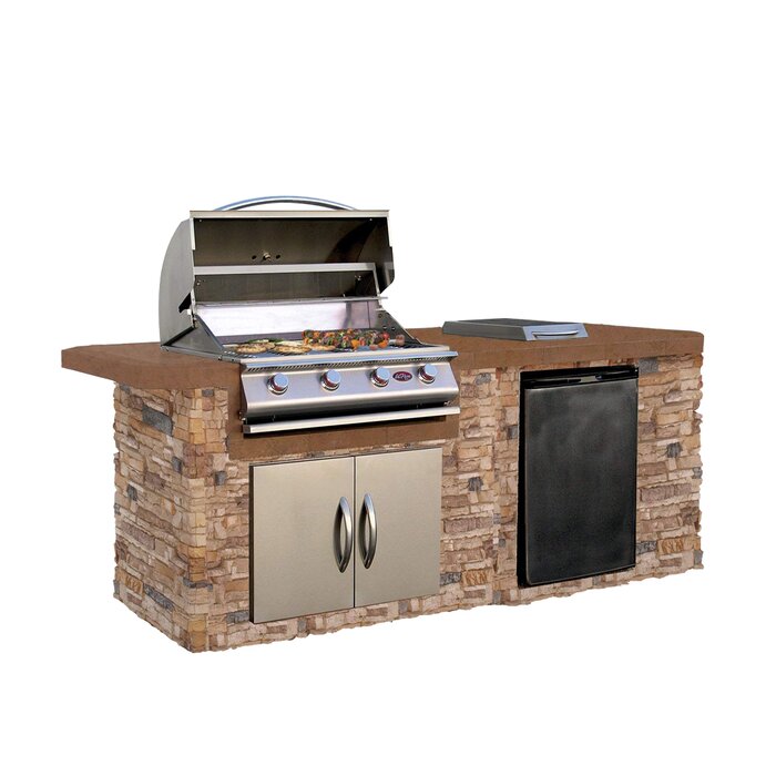 Cal Flame 4-burner, 7 ft. Stone Veneer with Tile Top Propane GAS Grill Island in Stainless Steel