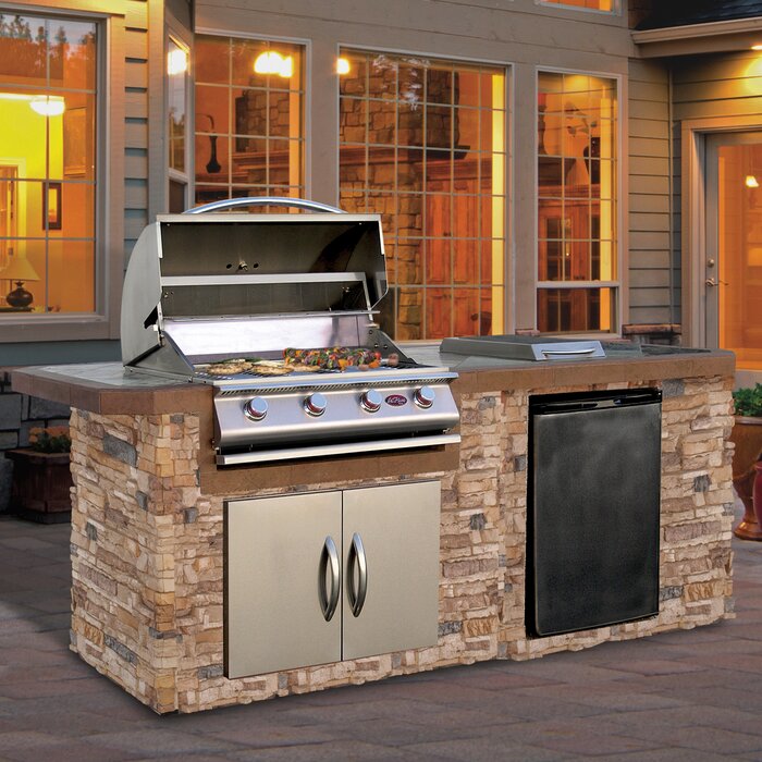 Cal Flame 4-burner, 7 ft. Stone Veneer with Tile Top Propane GAS Grill Island in Stainless Steel