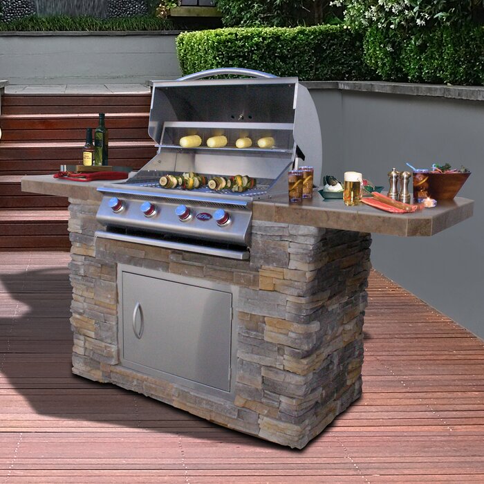 Cal Flame 4-burner, 7 ft. Stone Veneer Propane Grill Island in Stainless Steel