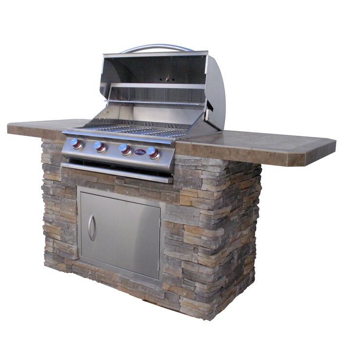 Cal Flame 4-burner, 7 ft. Stone Veneer Propane Grill Island in Stainless Steel