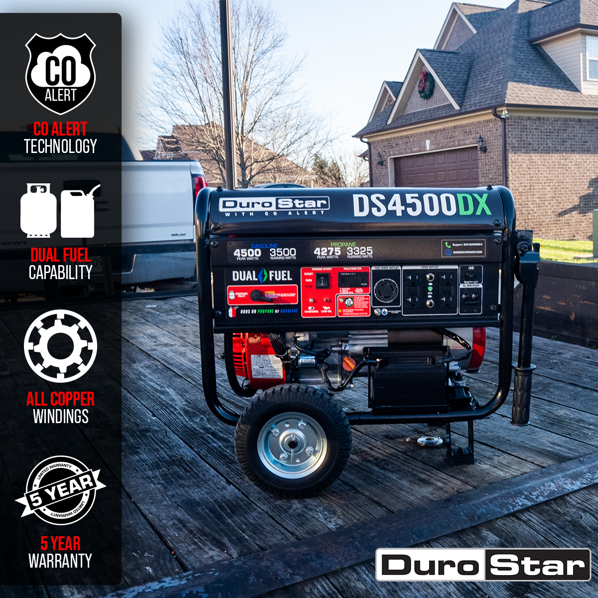 DuroMax 4,500 Watt Dual Fuel Portable Generator w/ CO Alert DS4500DX